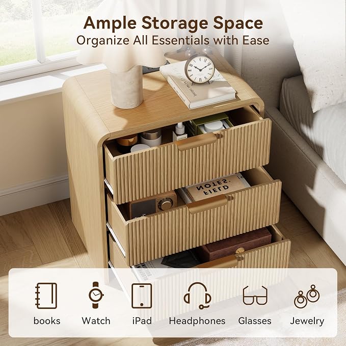 24" 3 Drawers Fluted Nightstand Set of 2, Natural Oak | 3 Drawers Bedside Table, Metal Handles & Charging Station, Curved Profile End Table for Bedroom