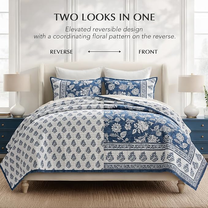 EverGrace 100% Cotton Floral Quilt Set, Queen Size, Indigo Blue 92"×96" | Reversible Lightweight Bedspread Coverlet, Vintage Floral Farmhouse Bedding,Traditional Block Print Quilt with 2 Pillow Shams