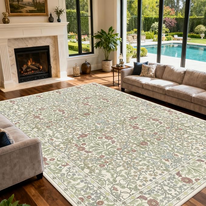 Area Rug for Living Room, 10x12 Large Washable Rugs for Dining Room, Bedroom, Non Slip Stain Resistant Carpet, Low Pile Vintage Floral Rug (Light Green)