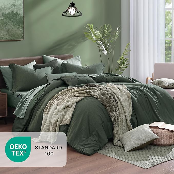 Monbix Super King Comforter Set Deep Forest 7 Pieces Bed in a Bag | Cationic Dyeing Reversible All Season Bedding Sets with Comforter, Sheets, Pillowcases & Shams