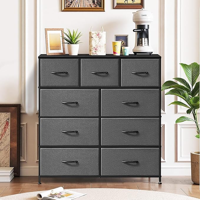 9-Drawer Dresser for Bedroom, Anti-Tip Tall Storage Organizer | Chest of Drawers with Wooden Top and Metal Frame Fabric Bins for Closet, Living Room, Hallway, Entryway, Gray