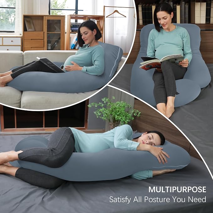 MOON PARK Pregnancy Pillows for Sleeping - U Shaped Full Body Maternity Pillow with Removable Cover - Support for Back, Legs, Belly, HIPS - 65 Inch - Grey - Cooling Cover