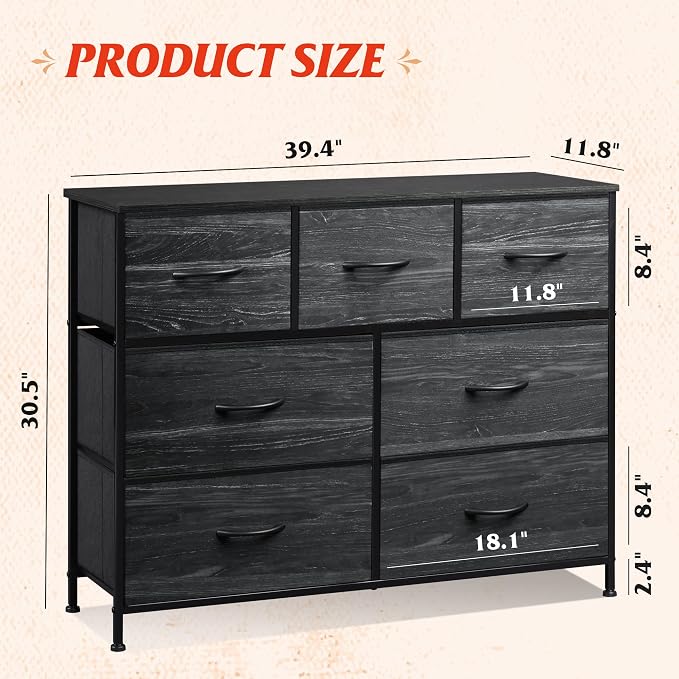 WLIVE Dresser for Bedroom, 7 Drawers, TV Stand, Black Wood Grain | 7 roomy fabric drawers, Fits TVs up to 45 inch, Bedroom or living room, Wide storage design, Chest of drawers