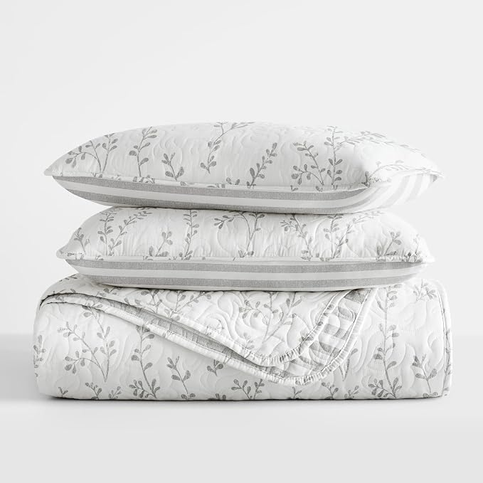 Merit Linens Soft Quilt Coverlet Bedding Set - Reversible Patterns - Full/Queen Light Gray