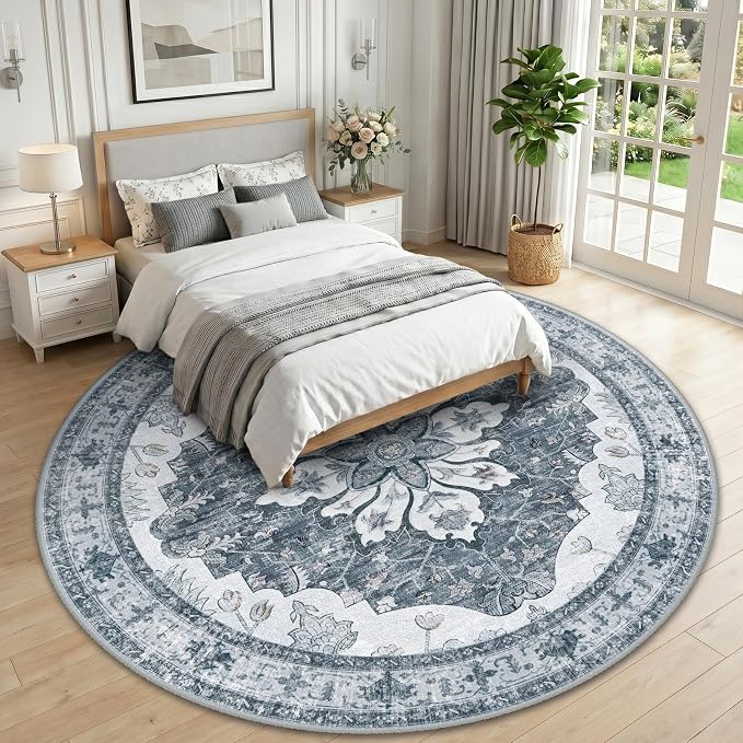 RELEANY Washable Area Rug, Round 10ft, Grey/White/Beige | Non-Slip, Water Repellent, Pet Friendly, Easy to Clean, Vintage Floral Boho Decor for Living Room Bedroom Dining Room