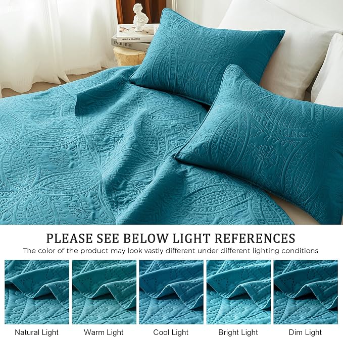 akkialla 118"x106" Teal California King Quilt Set, Oversized Floor-Length Bedspread, Modern Coin Pattern Microfiber Coverlet, 3-Piece All Season Bedding with 2 Pillow Shams