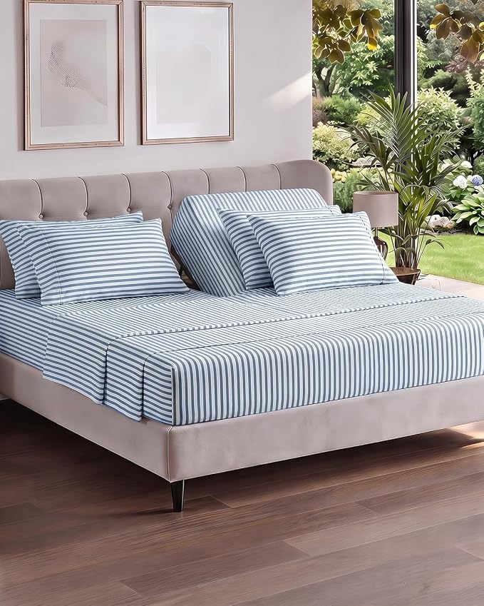 Flex Top Split Head King 6 Piece Sheet Set - Soft & Cooling - Blue Stripes | Ultra Soft Hotel Luxury Bedding Set w/ 8-16 Inch Deep Pockets, 1 Flat & 1 Split-Head Fitted Sheet & 4 Pillowcases, Fade Free