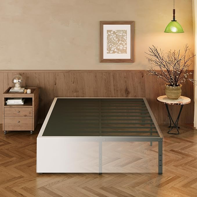 EMODA Queen Bed Frame with White Cover No Box Spring Needed, 18 Inch Heavy Duty Metal Platform BedFrame Queen Size with Steel Slats, Easy Assembly