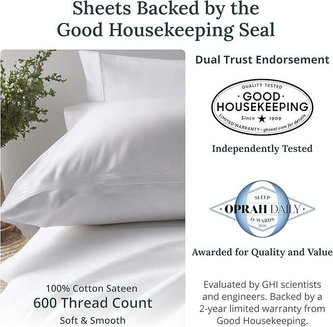 California Design Den 600 Thread Count King Size Bed Sheets Set, Sky Blue | 100% Cotton Sateen Backed by Good Housekeeping Seal, Soft & Smooth, 16" Deep Pocket, All-Around Elastic, Durable, Easy Care