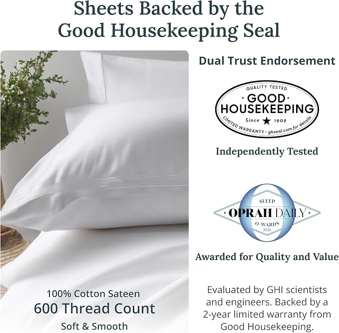 California Design Den 2 Pack 600 Thread Count King Size Sheets Set, White | 100% Cotton Sateen Backed by Good Housekeeping Seal, Soft & Smooth, 16" Deep Pocket, All-Around Elastic, Durable, Easy Care