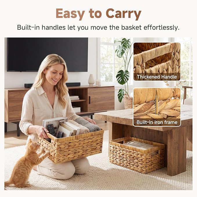 StorageWorks Wicker Storage Baskets for Shelves, Hyacinth Baskets, 2-Pack | Wicker Baskets for Organizing, Decorative Organizers with Handles, Wicker Baskets for Storage, Woven Baskets for Storage