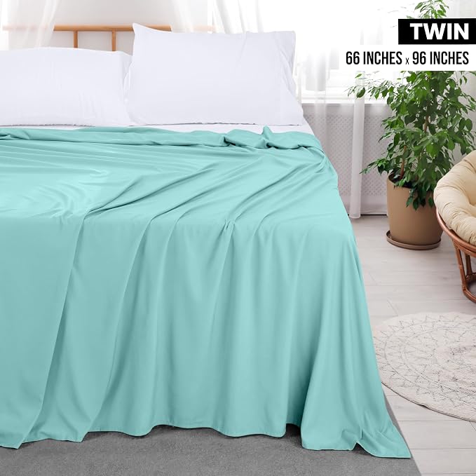 Twin Size Flat Sheet Only, Ultra Soft & Breathable Hotel Sheets, Spa Blue | Hotel Bedding, Cooling Comfort, Smooth Feel, Wrinkle & Fade Resistant, Easy Care, Long-Lasting, Machine Washable, OEKO-TEX