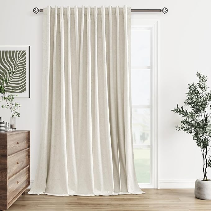 Extra Wide 100% Blackout Linen Curtains for Bedroom 96 Inch Long Ceiling to Floor 8 FT Natural Cream Black Out Curtain Back Tab Room Darkening Window Drapes 1 Panel Beige Ivory 100x96