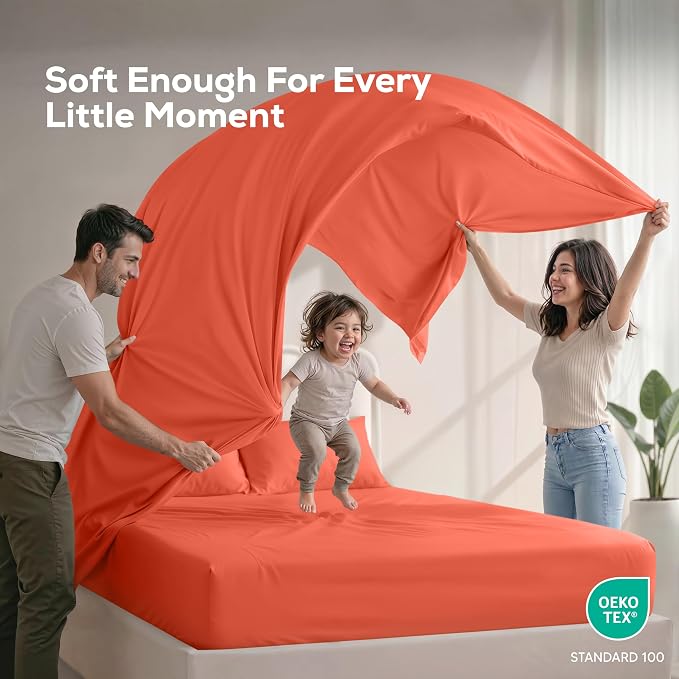 California King Sheets Set, 4 Pieces 16" Deep Pocket Bed Sheets, Coral | Extra Soft Bedsheet Set, Comfy & Breathable Cooling Sheets, Wrinkle & Fade Resistant, Fitted Sheet, Flat Sheet, 2 Pillowcases