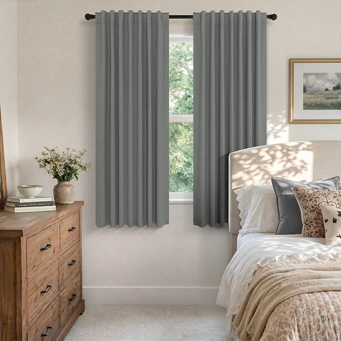 Gray Black Out Curtains 72 Inch Long for Bedroom 2 Panels Set Back Tab Pleated Neutral Boho Linen Textured Dark Grey Room Darkening Saving Energy Efficient Sound Deadening Drapes for Doorway 72 Length