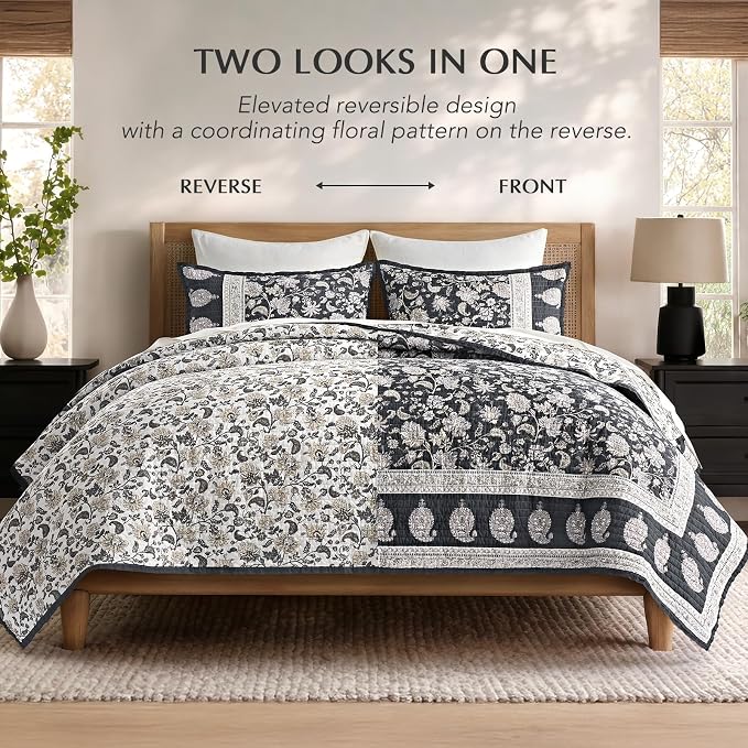 100% Cotton Floral Quilt Set, Queen Size, Dark Charcoal 92"×96" | Reversible Lightweight Bedspread Coverlet, Vintage Floral Farmhouse Bedding, Traditional Botanical Quilt with 2 Pillow Shams