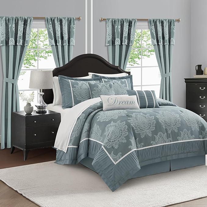 Blue Queen Comforter Set, 15 Pieces, Damask Jacquard Woven, Bedding Set with Sheets, Room in a Bag, Comforter, Bed Skirt, Pillow Shams and Decor Pillows, Curtains