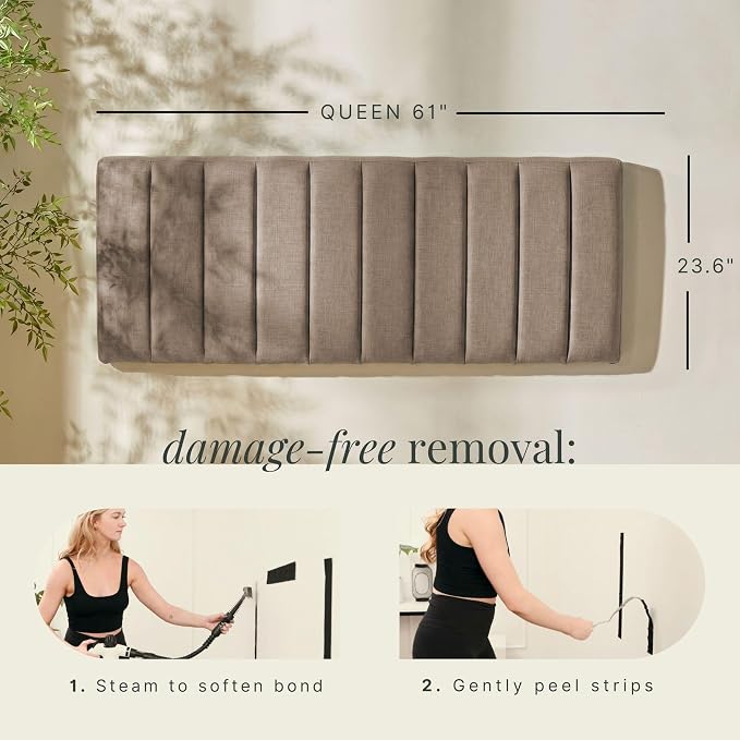 Hearth & Harbor Wall Mounted Queen Headboard Only, Bed Headboard Queen Size | Easy Assemble, Floating Peel & Stick, Upholstered Channel Stitched, 3D Wall Panels, 5 Strips of 3M Tape Included, Mocha Brown