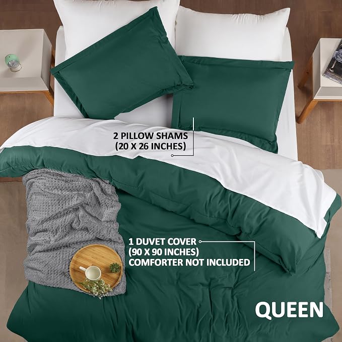 Duvet Cover Queen, 3 PC Cotton Like Polyester With Zipper Closure, Emerald | Extra Soft and Breathable, Wrinkle & Fade Resistant, Includes Duvet Cover and 2 Pillow Shams, Comforter Not Included, OekoTex