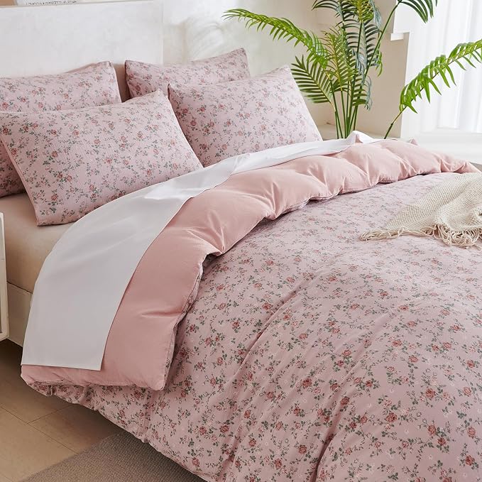 Floral Comforter Set King 3 Pieces Soft Chic Crinkle Gauze Fabric Garden Style Pink Flower Print Botanical Comforter for All Seasons Luxury Warmth Comfy Breathable with 2 Pillowcases