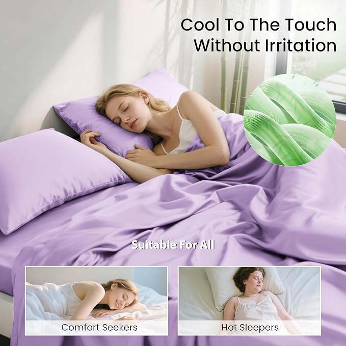 Love's cabin 4 Piece King Size Sheet Set, 100% Rayon Derived from Bamboo, Cooling & Breathable, Soft Silky Deep Pocket up to 16", Hotel Luxury Bedding for Hot Sleepers, Lavender