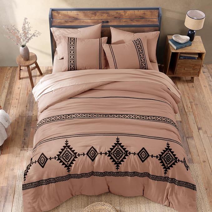 MaiRêve Embroidery Full Size Comforter Set 7 Pieces Dusty Pink Bed in a Bag | Western Boho Farmhouse Bedding Sets with Comforter, Sheets, Pillowcases & Shams