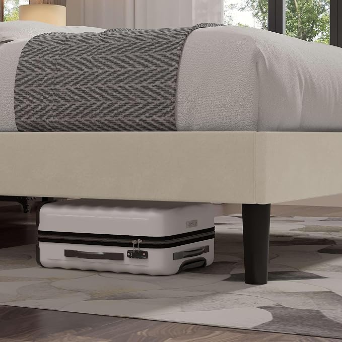 VECELO Queen Size Bed Frame with Upholstered Headboard, Velvet Platform Bedframe Mattress Foundation, Strong Wood Slat Support, No Box Spring Needed,Velvet Beige