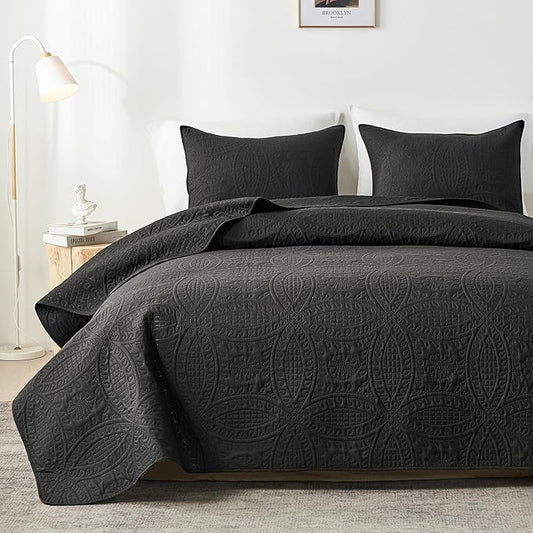 akkialla King Quilt Bedding Set,Black Ultrasonic King/Cal King Quilt Set,Lightweight Soft Bedspread Coverlet,Modern Style Coin Pattern Bed Cover for All Seasons,3 Piece(1 Quilt,2 Pillow Shams)