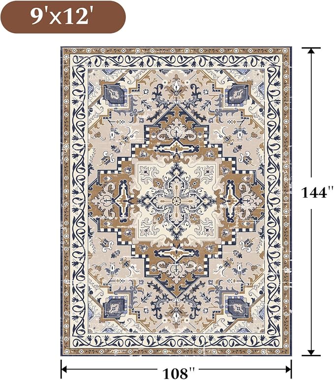 Rugflix 9x12 Area Rugs for Living Room, Washable Light Brown Large Rug | Machine Washable; Stain-Resistant; Low Pile; Non-Slip; Boho Vintage Printed; Carpet for Bedroom Dining Office Nursery Home