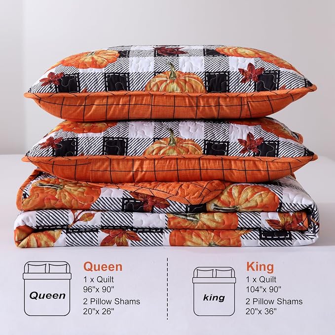 Fall Patchwork Quilt Set Queen Size, Pumpkin Maple Leaves Plaid Bedding Set | Thanksgiving Themed Bedspread with Black White Checkered Pattern, Soft Coverlet with 2 Pillowcases Autumn Home Decor Gift