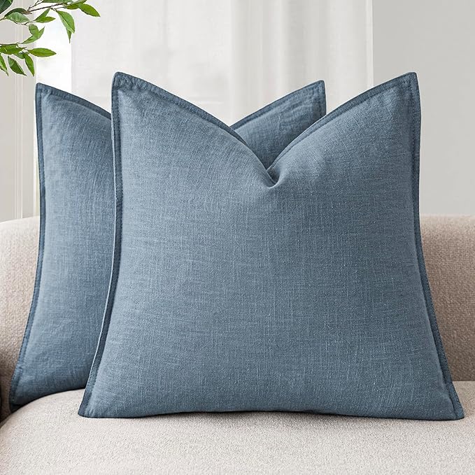 Foindtower Linen Solid Decorative Throw Pillow Covers 18x18 Inch Misty Blue | Pack of 2 Boho Farmhouse Neutral Pillowcase,Soft Euro Accent Cushion Covers,Home Decor for Bed Couch Sofa Bedroom Living Room