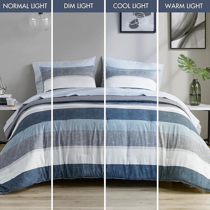 Madison Park Essentials Jaxon Bed in a Bag Comforter Set with Sheet, Printed Stripe Design, Modern All Season Bedding and Matching Sham, King Blue/Grey 7 Piece