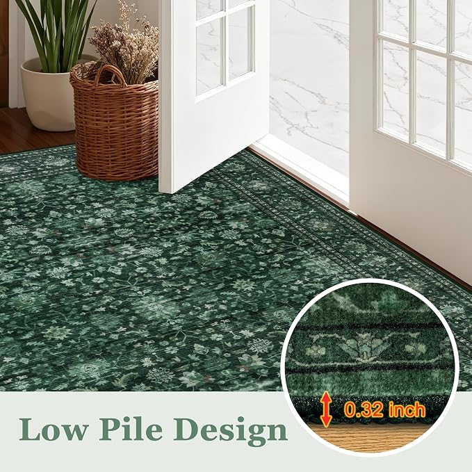 10x14 Area Rugs Living Room: Washable Rug for Bedroom Deep Green | Vintage No Slip Stain Resistant Rug Soft Indoor Decor Floor Floral Area Rugs for Dining Room, Nursery, Hallway, Home Office