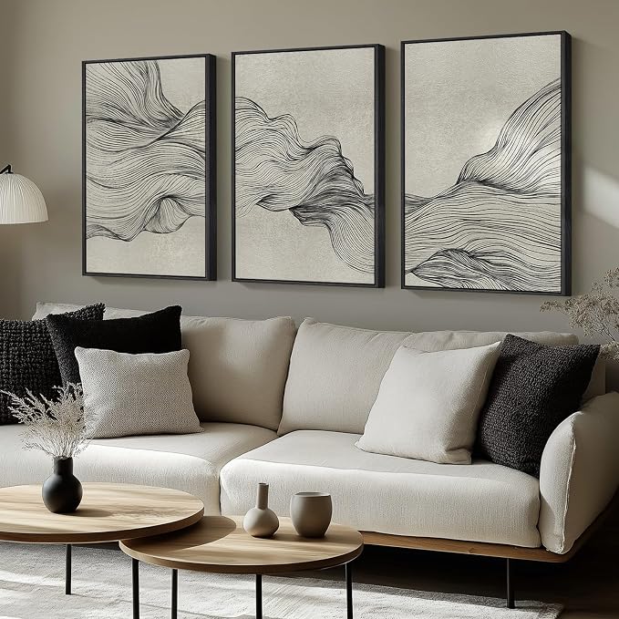 Large Framed Neutral Modern Abstract Wall Art for Living Room, 30x60 Inch | Set of 3 Abstract Artwork, Black Beige Canvas Prints, Modern Paintings, Minimalist Line Pictures, Hallway Office Wall Decor
