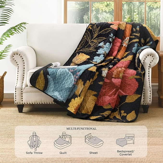 Quilt King Size, Colorful Floral Boho Summer Bedspread 3 Pieces | Golden Flower Botanical Summer Bedspreads with 2 Shams, Reversible Polyester Coverlet Set for All Seasons, 106"x96"