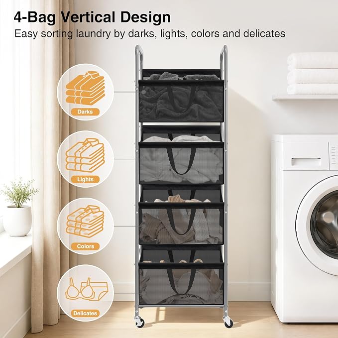 STO STO 4-Tier Vertical Rolling Laundry Hamper, Removable Bags, Black Mesh | 160L Capacity, Space-Saving Vertical Design, Rust-Resistant Steel Frame, Lockable Wheels, Ideal for Apartments & Small Spaces