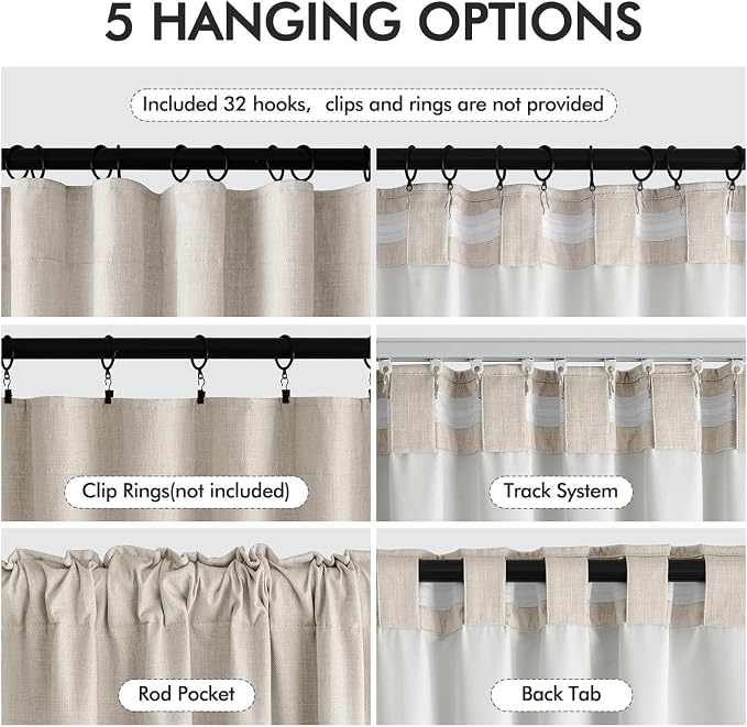 MIULEE 100% Blackout Back Tab Pleat Linen Curtains 50" Wx90 L,Beige | 2 Panels,Thick Faux Linen,Textured Drapes,with Hooks,for Bedroom Living Room,Black Out,Room Darkening