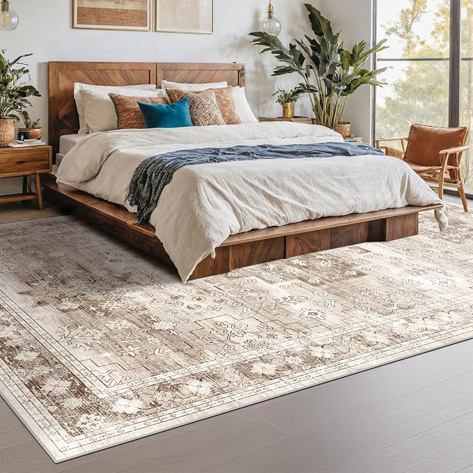 Boho 7x9 Area Rug for Living Room - Washable Beige Dining Room Rug Under the Table, Low Pile Non-Slip Rugs for Bedroom, Office - Charming Geometric Decor & Stain Resistance (7x9 Beige/Latte)