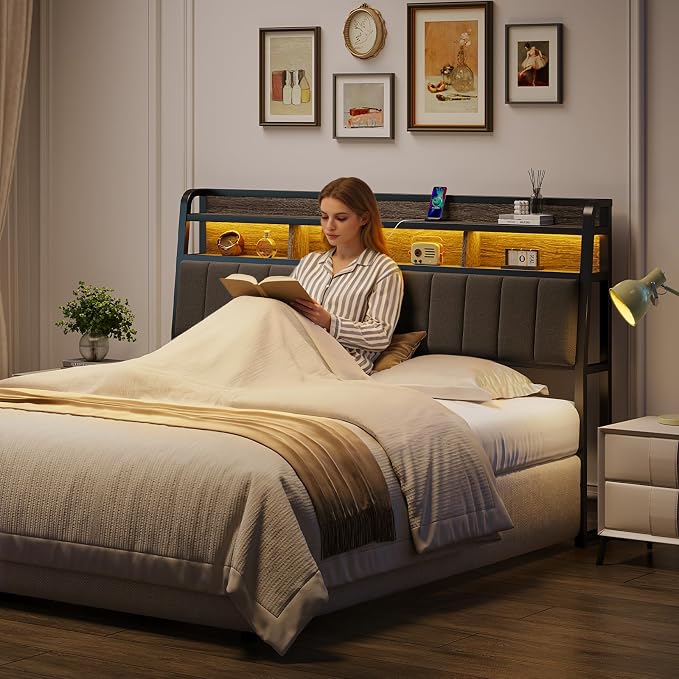 ComfyCorner King Size Headboard with Storage & LED Light, Black & Grey | Upholstered Ergonomic Head Board with Power Outlets & 2-Tier Storage, King Headboard Only, Bed Frame Mounting, Heavy Duty