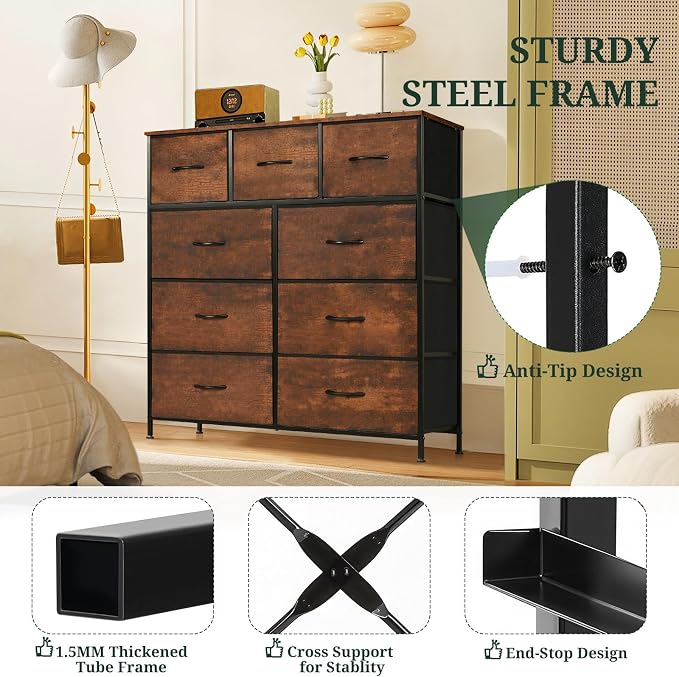 9-Drawer Dresser for Bedroom, Anti-Tip Tall Storage Organizer | Chest of Drawers with Wooden Top and Metal Frame Fabric Bins for Closet, Living Room, Hallway, Entryway, Brown