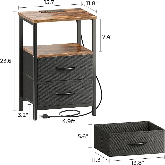 Huuger Nightstand with Charging Station, Side Table with Fabric Drawers, End Table with Open Shelf, Bedside Table with USB Ports and Outlets, Night Stand for Bedroom, Rustic Brown and Black | End Table with Open Shelf, Bedside Table with USB Ports and ...