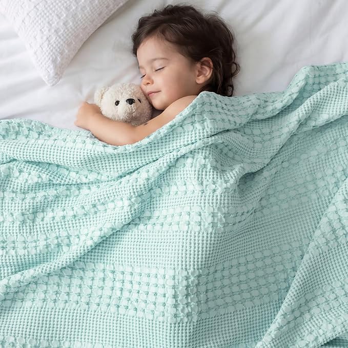 PHF Lightweight 100% Cotton Waffle Blanket for Bed, King, Mint | Pre-Washed Soft Cotton Comfort, Breathable Layering Warmth for Fall & Winter, Bed, Sofa, Couch, Home Decor & Gifts
