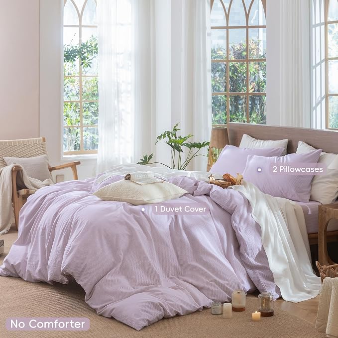 MooMee Striped Duvet Cover Set 100% Washed Cotton Linen Like Queen | Relaxed Linen-like Texture. Soft, Breathable & Long-lasting Comfort. Lightweight. Hidden Zipper with 8 Interior Corner Ties
