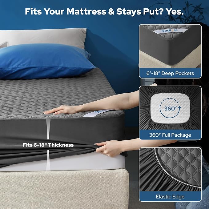 BEDLORE Waterproof Mattress Protector, Noiseless Queen Size Mattress Pad with Deep Pocket Fitted Up to 6"-18", Soft Breathable Dirt-Proof Bed Mattress Cover Washable Bedroom, Hotel (Gray) (Pack of 2)