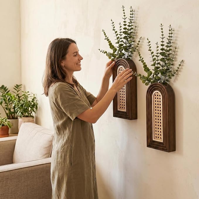 Dnnnii 2 Pack Wooden Wall Vase Set - Dark Brown Finish Hollow Rattan Modern Farmhouse & Boho Wall Decor for Entryway, Hallway, Bathroom, Living Room, Dining Room, Narrow Spaces