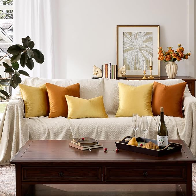 GIGIZAZA Yellow Velvet Pillow Covers 24x24 Decorative Pillows Pack of 2 | Throw Pillows for Couch Sofa,280gsm Soft Textured Fabric,Modern Square Pillowcases,Luxury Cushion Covers