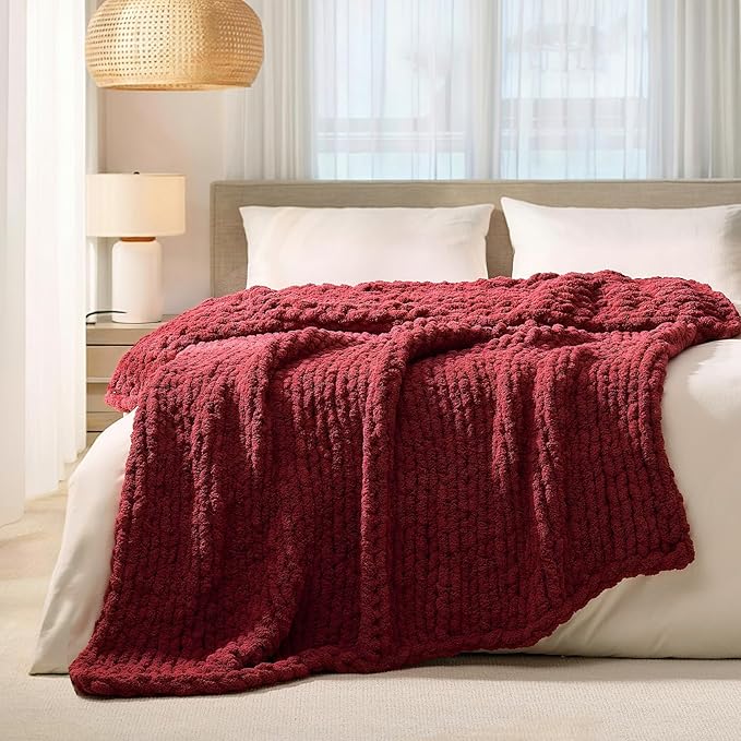 L'AGRATY Chunky Knit Throw Blanket for Couch, 50 x 60 Inches, Maroon Red | Handmade Chenille Crochet Blanket for Sofa Bed, Thick Cable Knitted Blankets for Room Home Decor, Birthday Gift for Women Mom