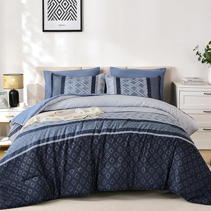 Cottolester Queen Comforter Set,Mineral Blue Boho Striped Bed in a Bag, | 7 Pieces Bed Set,Soft Microfiber Complete Bedding Sets