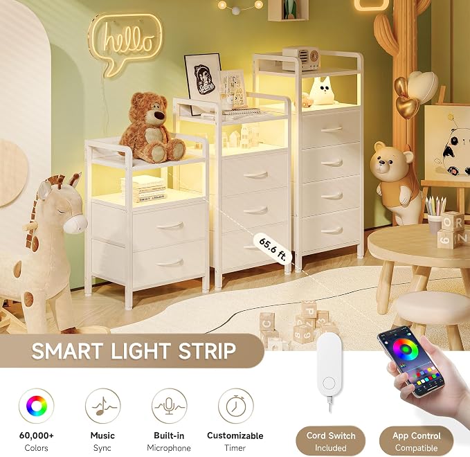 Lazzanto Nightstand with Rear Charging Station, LED Light, 2 Drawers, White | Industrial Nightstand, 2 USB-A Ports & AC Outlets, Raised Back Guard, Fabric Storage Drawers, Bedside Table for Bedroom, Dorm