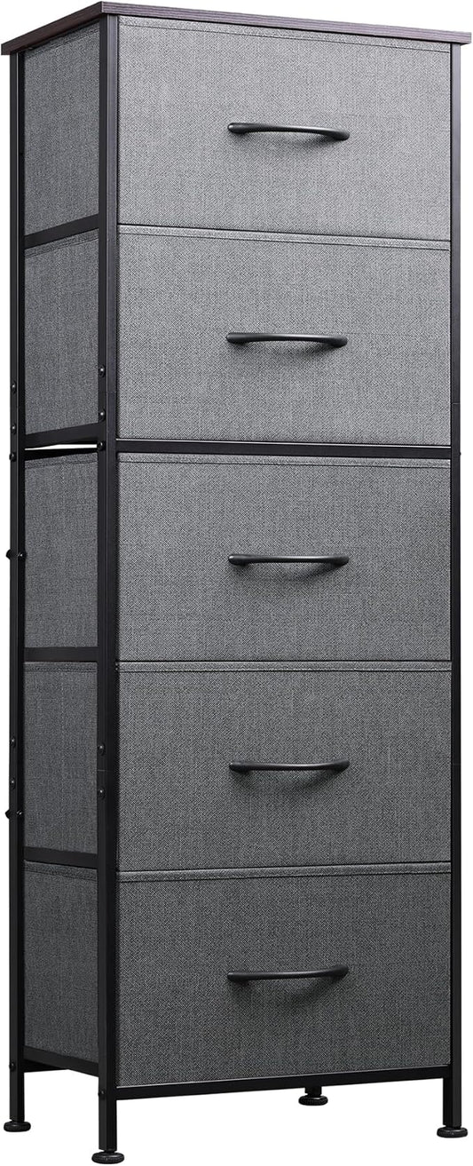 WLIVE Tall Dresser for Bedroom, 5 Drawer Dresser, Dark Grey | 5 vertical fabric drawers, Tall vertical design, Bedroom or closet use, Dresser for small spaces, Chest of drawers